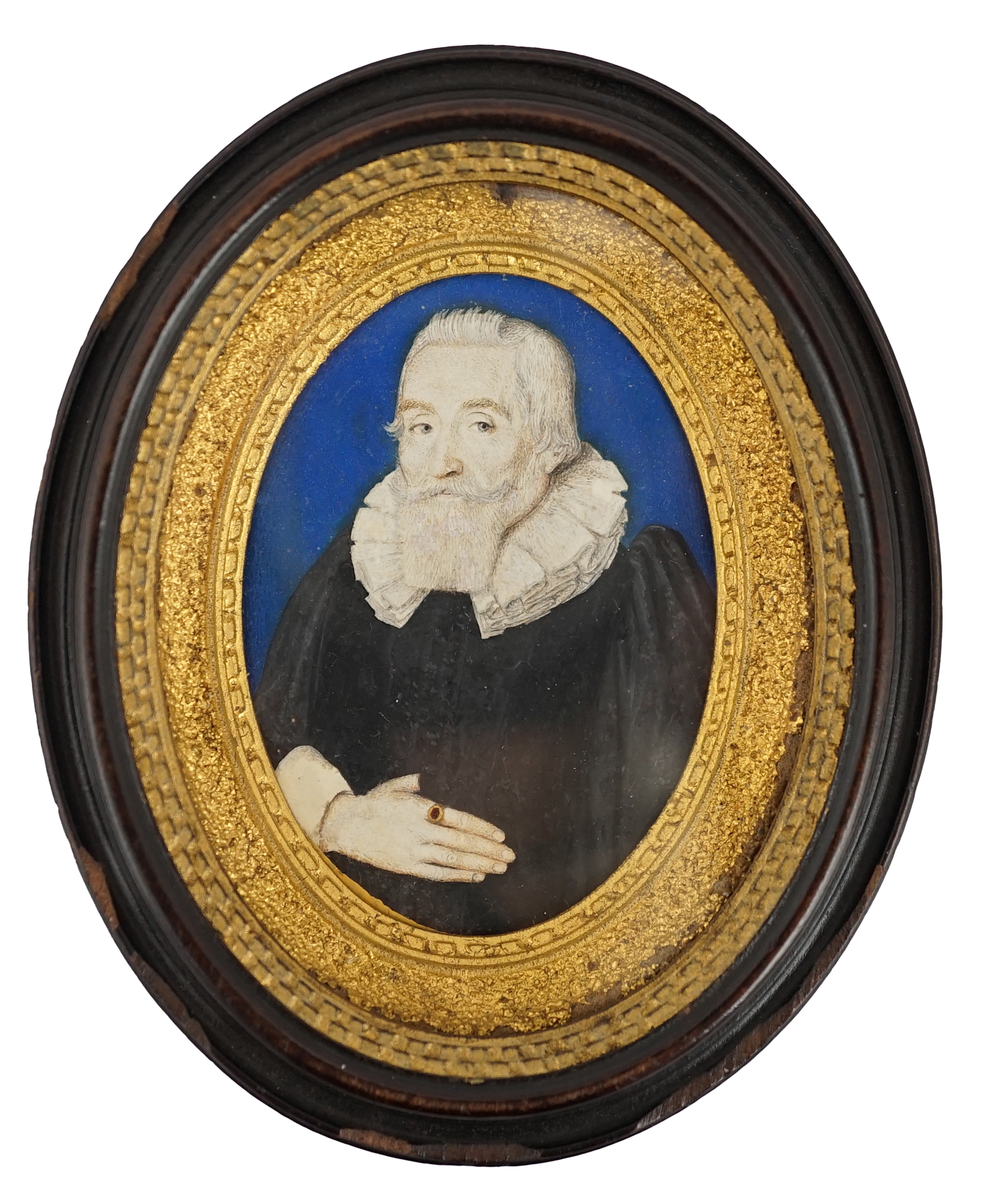 Attributed to Edward Norgate (British, 1581-1650), Portrait miniature of John Harrison Senior (1552-1628), watercolour on vellum, 5.7 x 4cm.